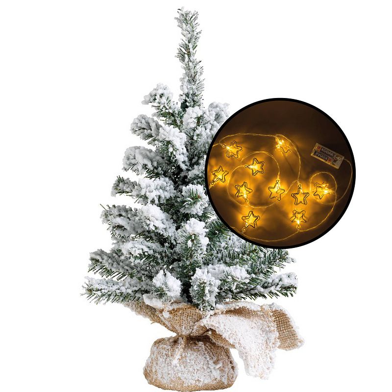 Foto van Mini kerstboom - besneeuwd - met 3d sterren verlichting - h45 cm - kunstkerstboom