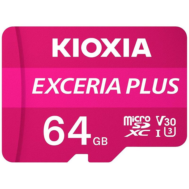 Foto van Kioxia exceria plus microsdxc-kaart 64 gb a1 application performance class, uhs-i, v30 video speed class a1-vermogensstandaard, schokbestendig, waterdicht