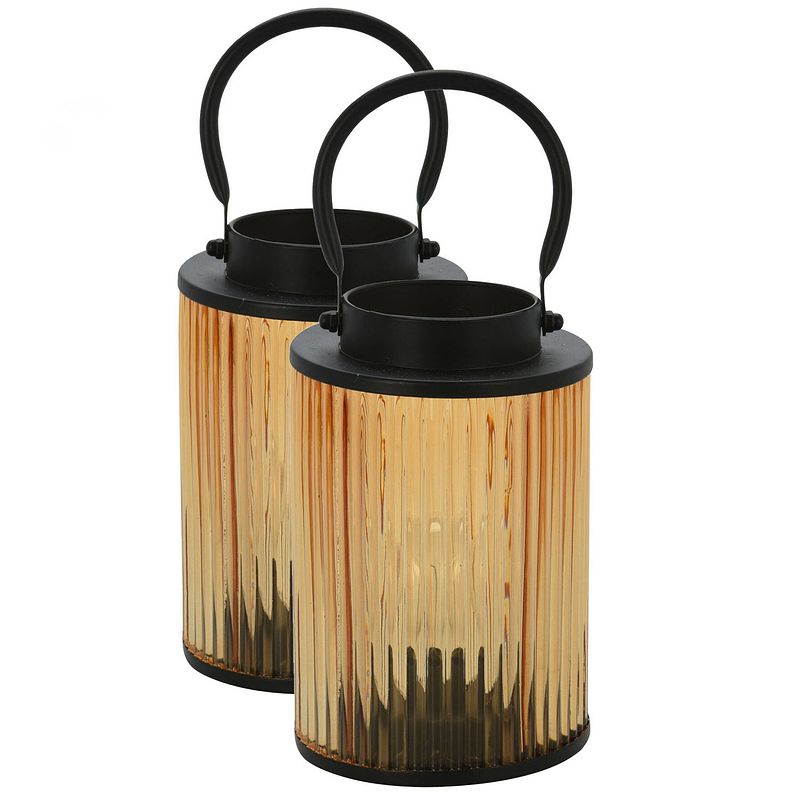 Foto van 2x stuks metalen led lantaarns/windlichten warm wit licht 12,5 x 12,5 x 16,5 cm - lantaarns