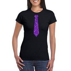 Foto van Toppers zwart fun t-shirt stropdas met paarse glitters dames xs - feestshirts