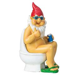 Foto van Tuinkabouter beeld happy nudist - polystone - op het toilet - 15 x 25 cm - tuinbeelden