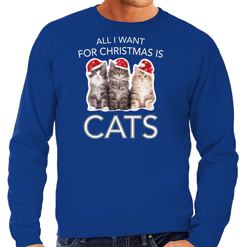 Foto van Blauwe kersttrui / kerstkleding all i want for christmas is cats voor heren xl - kerst truien