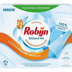 Foto van 1+1 gratis | robijn classics wasmiddeldoekjes stralend wit 16 wasstrips aanbieding bij jumbo