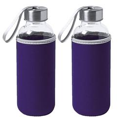 Foto van 2x stuks glazen waterfles/drinkfles met paarse softshell bescherm hoes 420 ml - drinkflessen