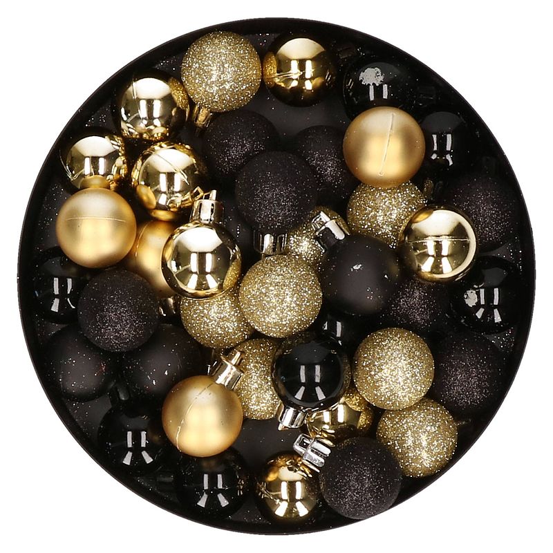 Foto van Set van 40x stuks kunststof kerstballen mix zwart en goud 3 cm - kerstbal