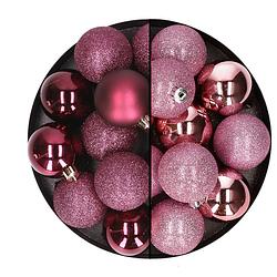 Foto van 24x stuks kunststof kerstballen mix van aubergine en roze 6 cm - kerstbal