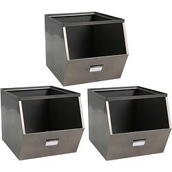 Foto van Urban living stapelbare opbergmand open metal box - 3x - l23 x b32 x h21 cm - metaal - donkergrijs - opbergmanden