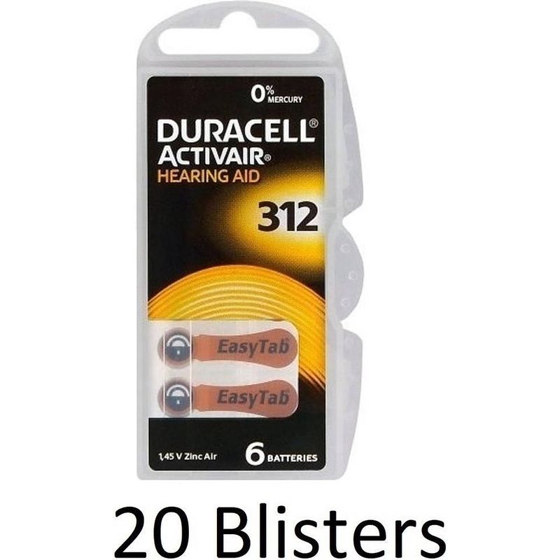 Foto van 120 stuks (20 blisters a 6 st)duracell da312 hoorapparaat batterij