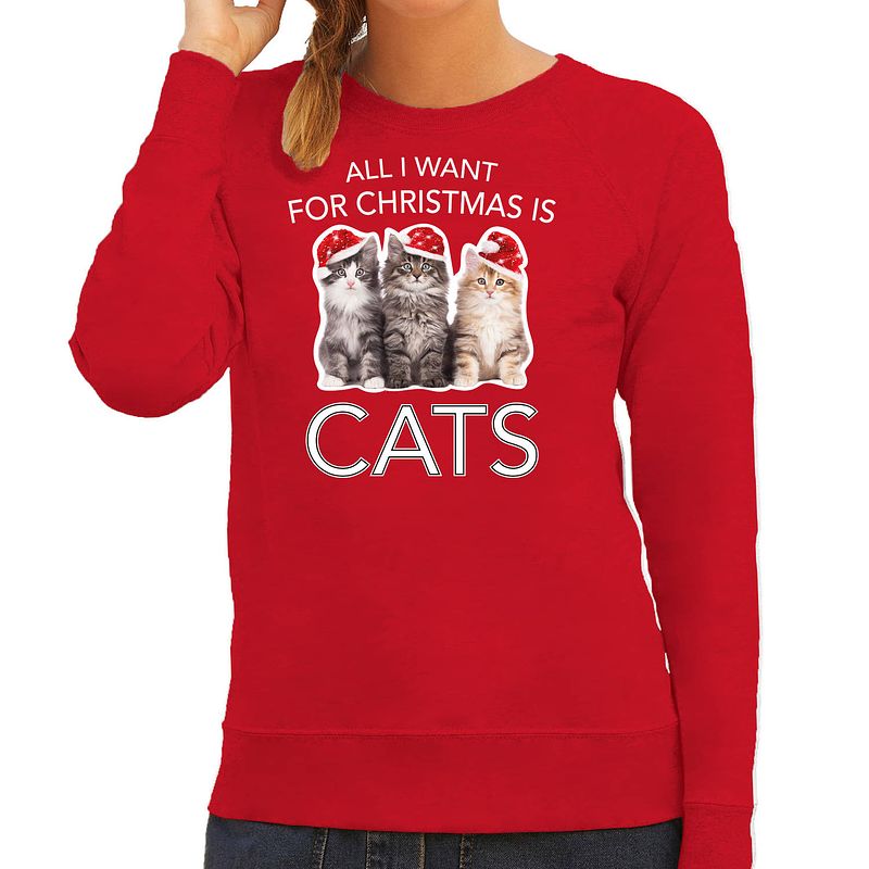 Foto van Rode kersttrui / kerstkleding all i want for christmas is cats voor dames l - kerst truien