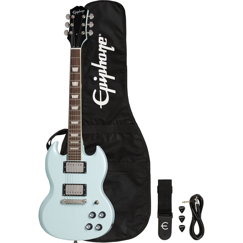 Foto van Epiphone power players sg ice blue 7/8 elektrische gitaar met gigbag, strap, kabel en plectrums