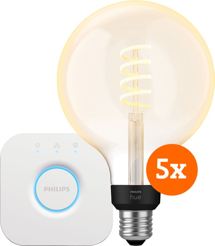 Foto van Philips hue filament white ambiance globe xl 5-pack + bridge