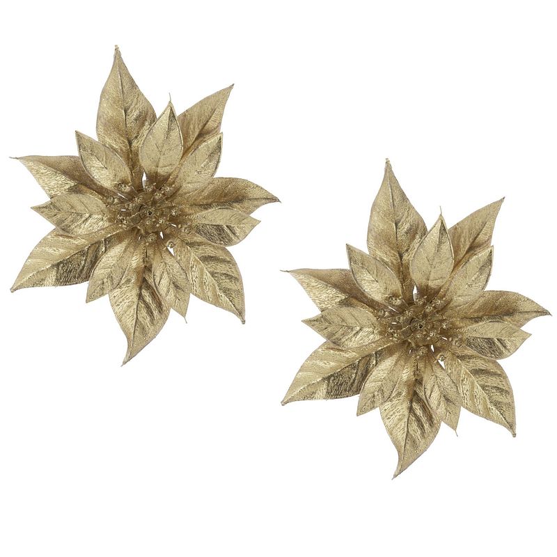 Foto van 2x stuks decoratie bloemen kerstster goud glitter op clip 18 cm - kersthangers