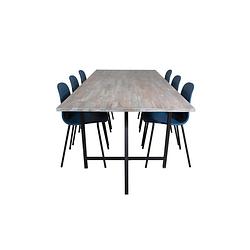 Foto van Jepara eethoek eetkamertafel teakhout en 6 arctic eetkamerstal blauw, zwart.