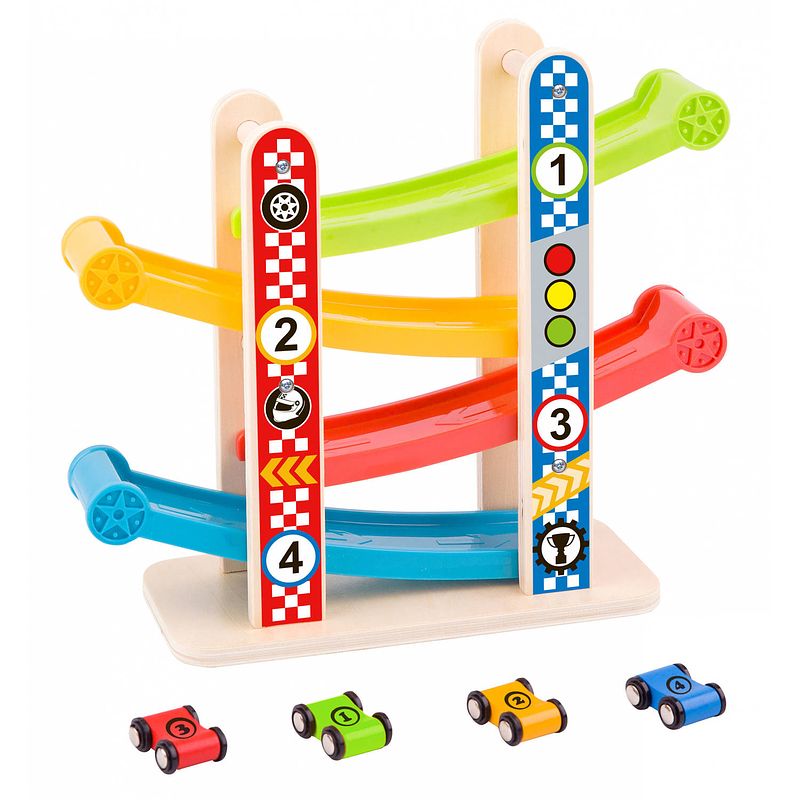 Foto van Tooky toy racebaan junior hout naturel/rood/blauw 5-delig