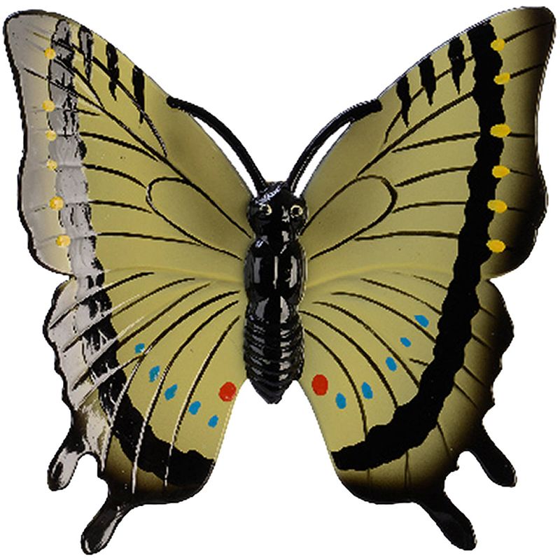 Foto van Tuin/schutting decoratie vlinder - kunststof - geel - 24 x 24 cm - tuinbeelden