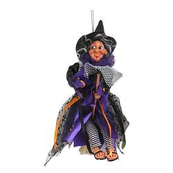 Foto van Halloween decoratie heksen pop op bezem - 25 cm - zwart/paars - halloween poppen