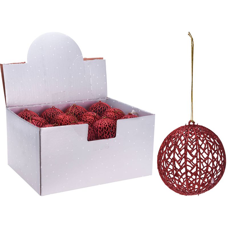 Foto van 1x kerstboomversiering rode draad kerstballen met glitters 9 cm - kerstbal