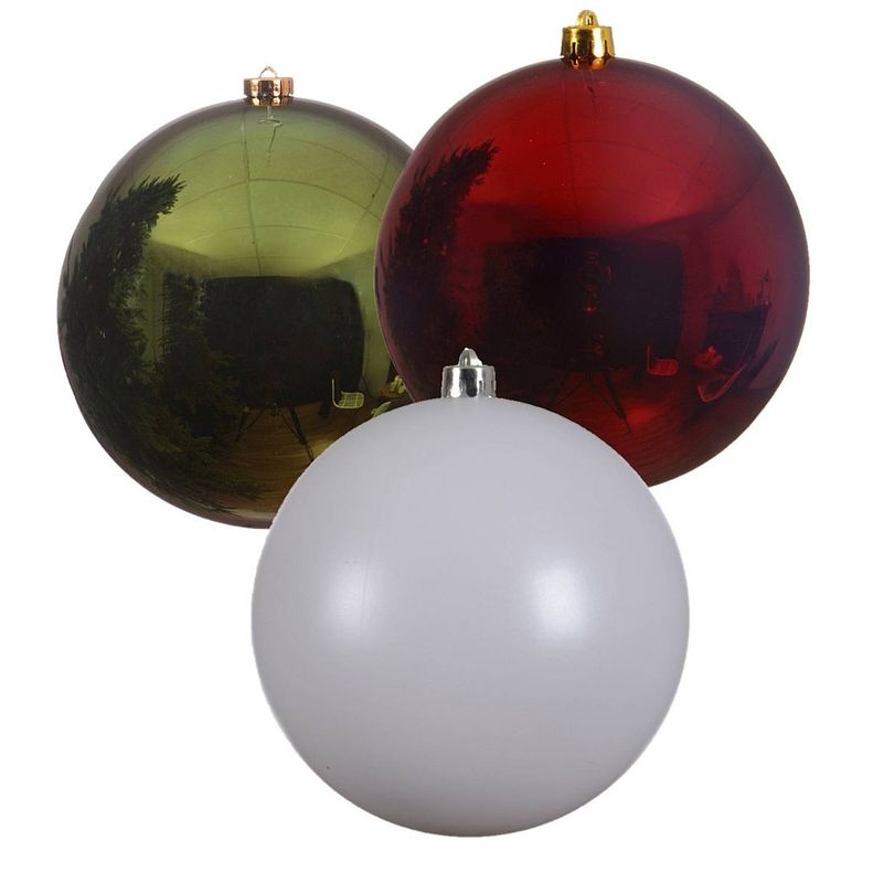 Foto van 3x stuks grote kerstballen van 20 cm glans van kunststof groen wit en rood - kerstbal