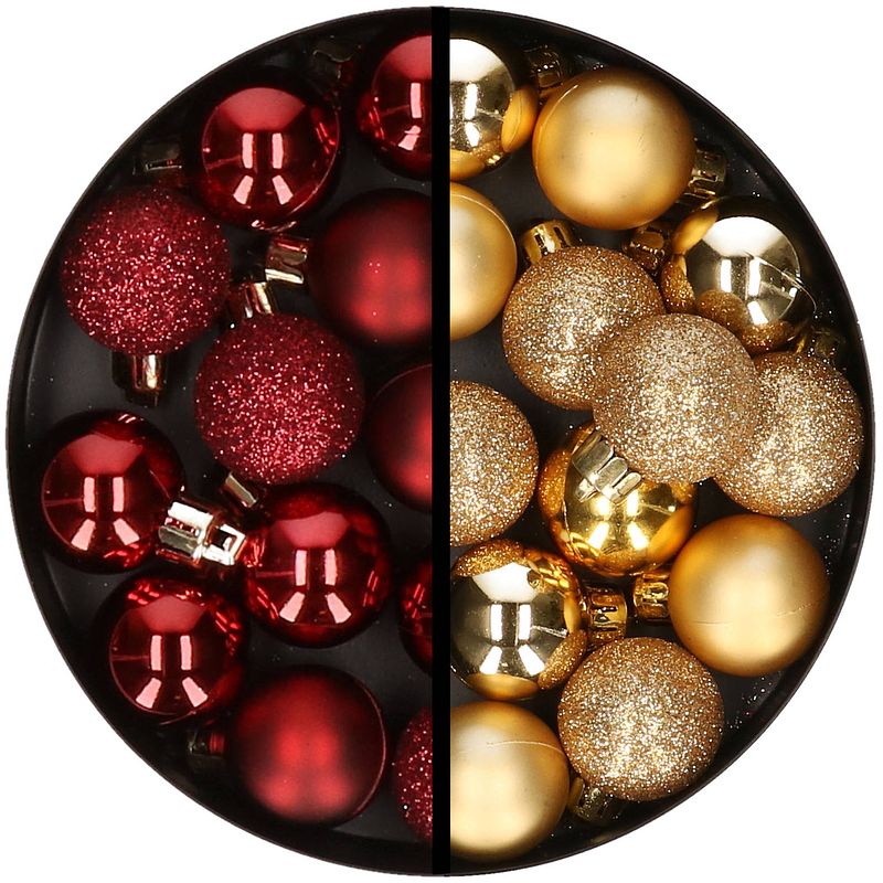 Foto van 34x stuks kunststof kerstballen donkerrood en goud 3 cm - kerstbal