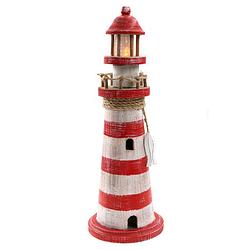 Foto van Vuurtoren beeldje met led licht - hout - 12 x 35 cm - wit/rood - maritieme decoraties binnen - beeldjes