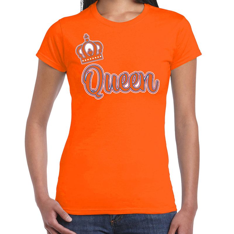 Foto van Oranje koningsdag t-shirt - queen - dames l - feestshirts