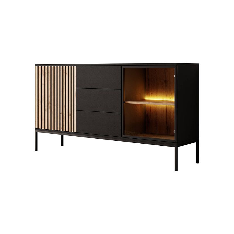 Foto van Meubella dressoir legend - mat zwart - eiken - 154 cm met lades