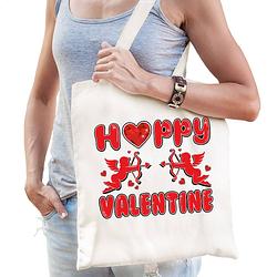 Foto van Cadeau tasje valentijn - happy valentine - naturel wit - katoen - 42 x 38 cm - feest boodschappentassen