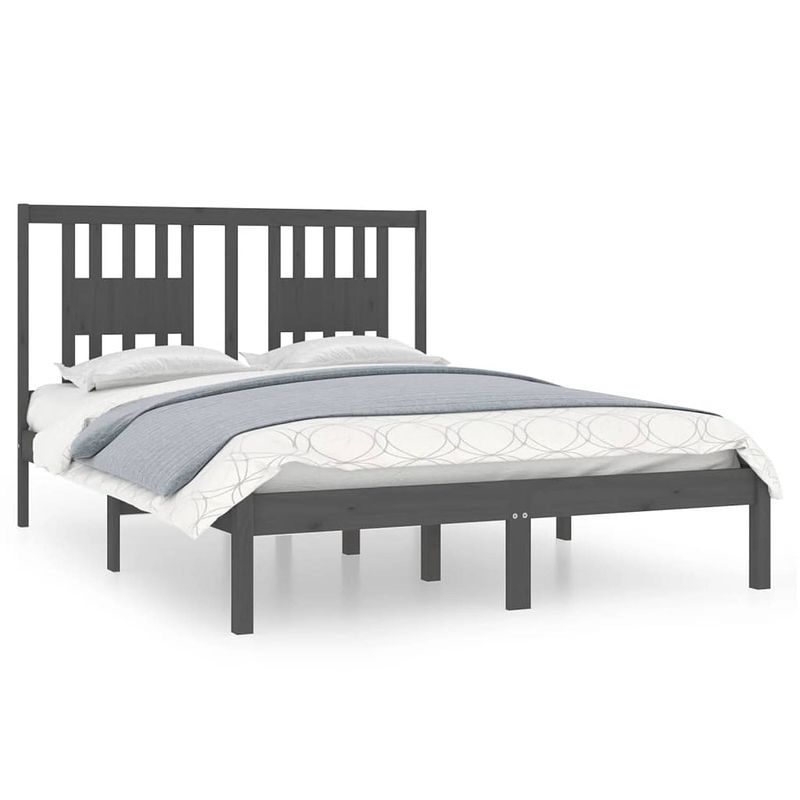 Foto van The living store bedframe grenenhout - grijs - 195.5 x 146 x 100 cm - lattenbodem - praktisch hoofdeinde