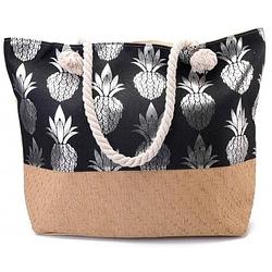 Foto van Strandtas ananas print zwart/zilver 54 cm - strandartikelen beach bags/shoppers met ritssluiting