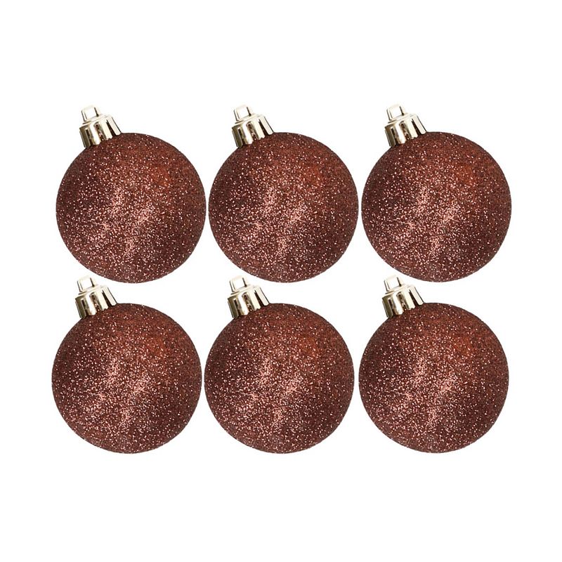 Foto van 6x stuks kunststof glitter kerstballen donkerbruin 6 cm - kerstbal