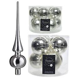 Foto van Glazen kerstballen pakket zilver glans/mat 32x stuks inclusief piek glans - kerstbal