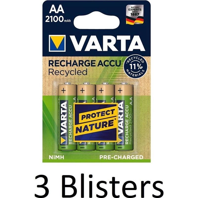 Foto van 12 stuks (3 blisters a 4 st) varta recharge accu recycled aa oplaadbare batterijen 2100 mah