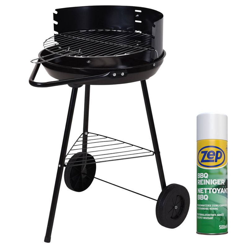 Foto van Set! houtskoolbarbecue rond - half open - verrijdbaar met zep bbq reiniger - 41,5x70x41,5cm - zwart - 500 ml