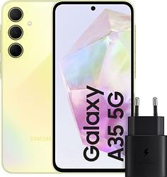 Foto van Samsung galaxy a35 128gb geel 5g + samsung 25 watt snellader zwart