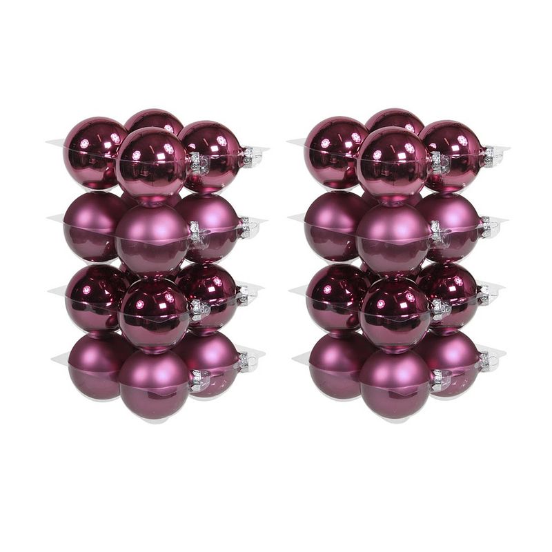 Foto van 32x stuks glazen kerstballen cherry roze (heather) 8 cm mat/glans - kerstbal