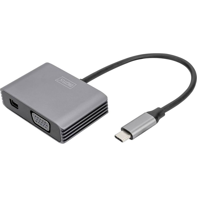 Foto van Digitus da-70825 mini-displayport / usb-c / vga adapter [1x usb-c - 2x mini-displayport bus, vga-bus] zwart afgeschermd, rond 0.2 m