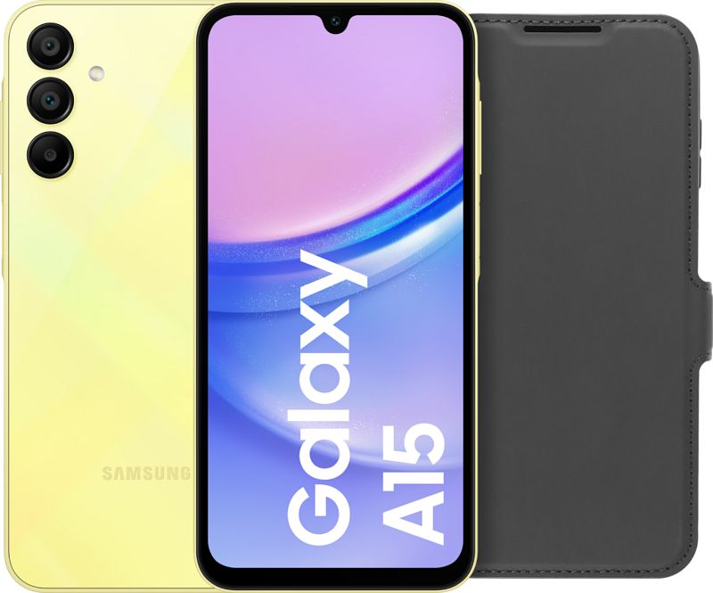 Foto van Samsung galaxy a15 128gb geel 5g + bluebuilt book case zwart