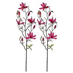 Foto van 2x fuchsia roze magnolia/beverboom kunsttak kunstplant 80 cm - kunstplanten
