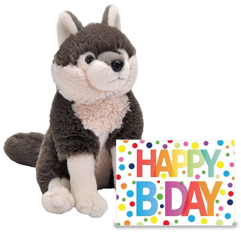 Foto van Knuffel wolf 25 cm cadeau sturen met xl happy birthday wenskaart - knuffeldier