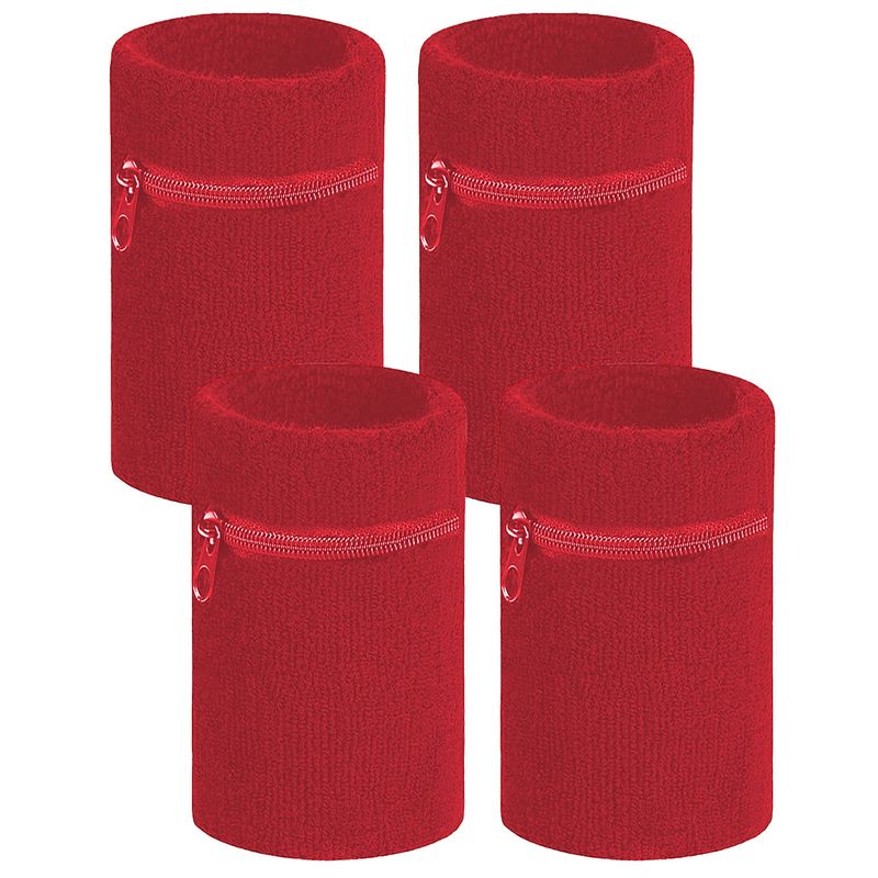 Foto van Arowell premium pols zweetbandje met portemonnee en rits - 12 x 8 cm - rood - 4 stuks