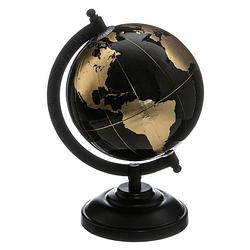 Foto van Decoratie wereldbol/globe zwart/goud op metalen voet d13 x h22 cm - wereldbollen
