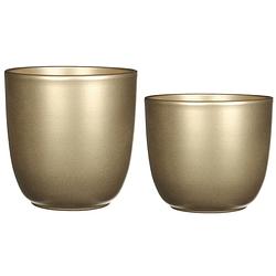 Foto van Plantenpot/bloempotten set - 2x stuks - keramiek - goud - d17 en d22 cm - plantenpotten