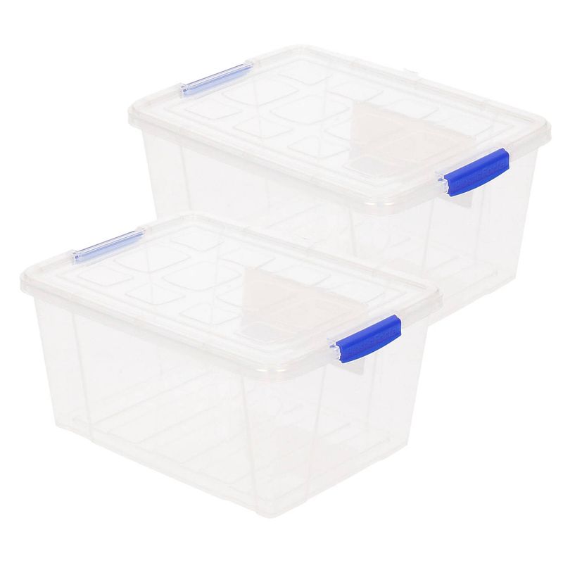 Foto van 2x stuks opslagboxen/bakken/organizers met deksel 16 liter 40 x 30 x 21 cm transparant plastic - opbergbox