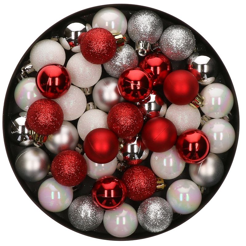 Foto van 48x stuks kunststof kerstballen mix wit/zilver/rood 4 cm - kerstbal