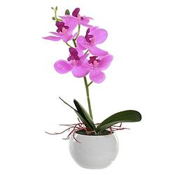 Foto van Orchidee bloemen kunstplant in witte bloempot - roze bloemen - h29 cm - kunstplanten