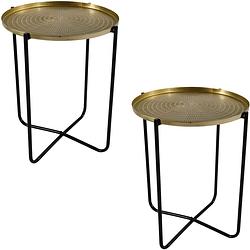 Foto van 2x stuks gouden ronde plantentafels/plantenstandaarden/bijzettafels/oppottafels 50 cm - bijzettafels