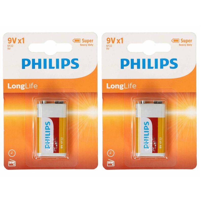 Foto van Philips 9v long life batterij - 2x - alkaline - 9 volt blokbatterijen - batterij 9v blok