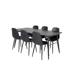 Foto van Gold eethoek eetkamertafel uitschuifbare tafel lengte cm 180 / 220 zwart en 6 polar eetkamerstal pu kunstleer zwart pu