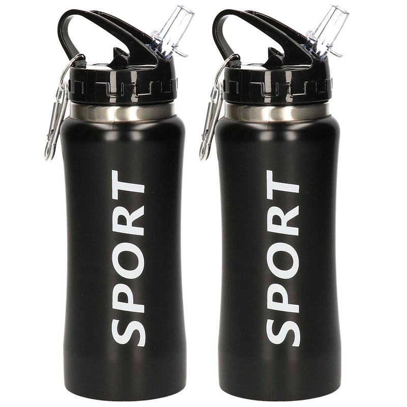 Foto van 2x stuks sport bidon drinkfles/waterfles sport print zwart 420 ml - drinkflessen