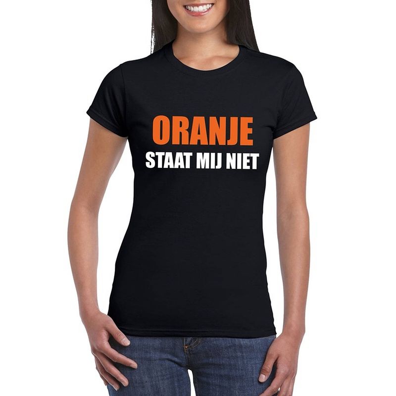 Foto van Oranje staat mij niet t-shirt zwart dames s - feestshirts